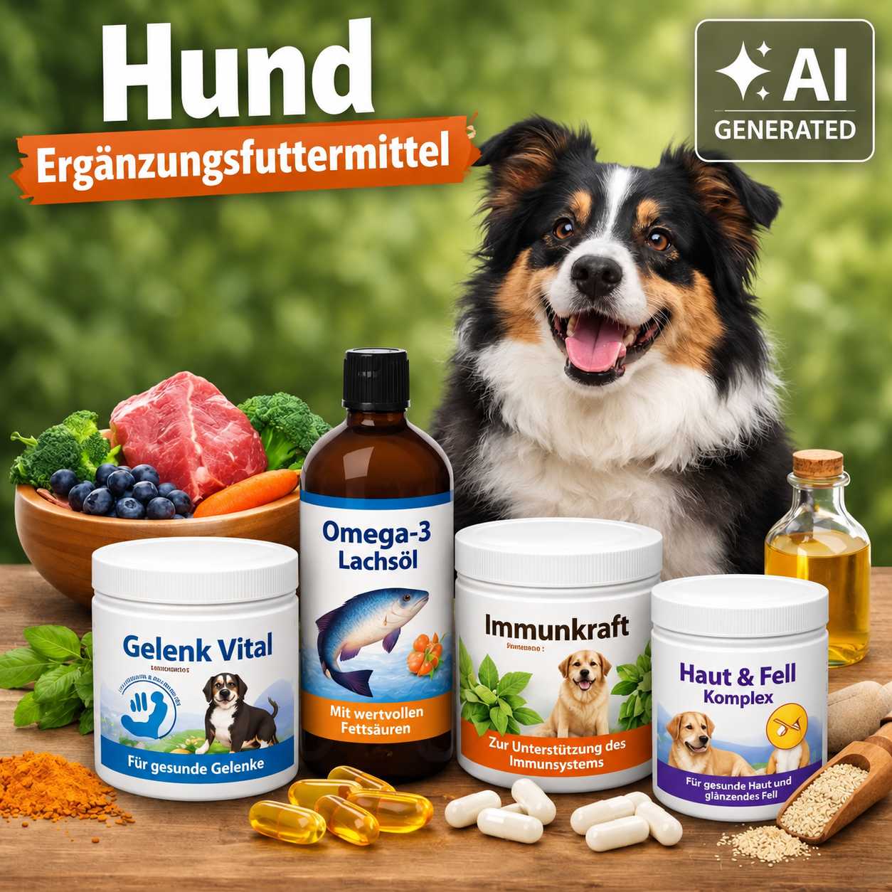 Hund neben verschiedenen Ergänzungsfuttermitteln sowie ausgewählten Zutaten